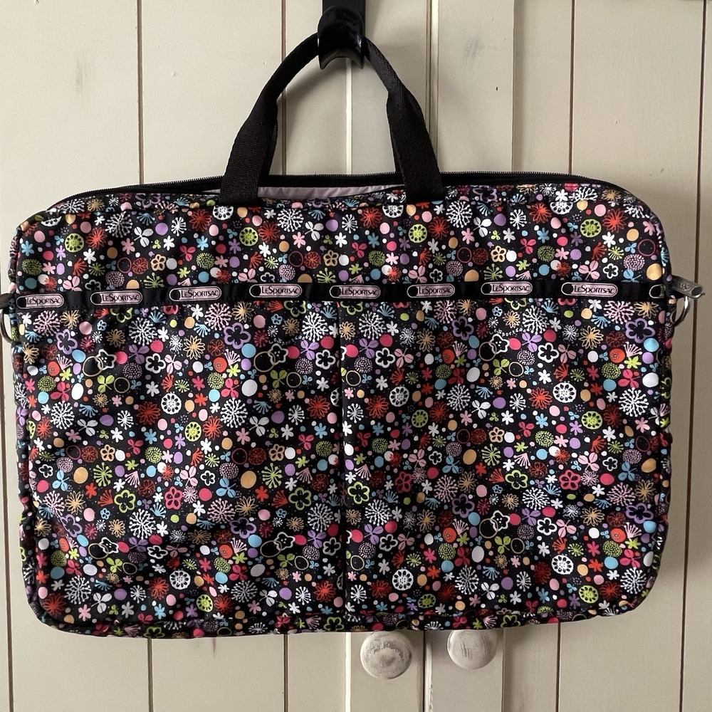 LeSportsac Black Floral Computer Laptop Case Bag NO Strap 2 Zip Closure